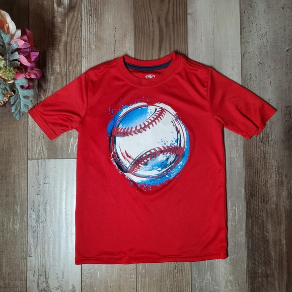Athletic Works Boys Red Textured Athletic Performance Tee Baseball Graphic - Picture 1 of 11